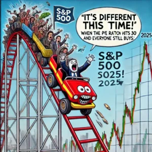 A humorous meme about the S&P 500 crash prediction for 2025. The image shows a roller coaster representing the stock market, 