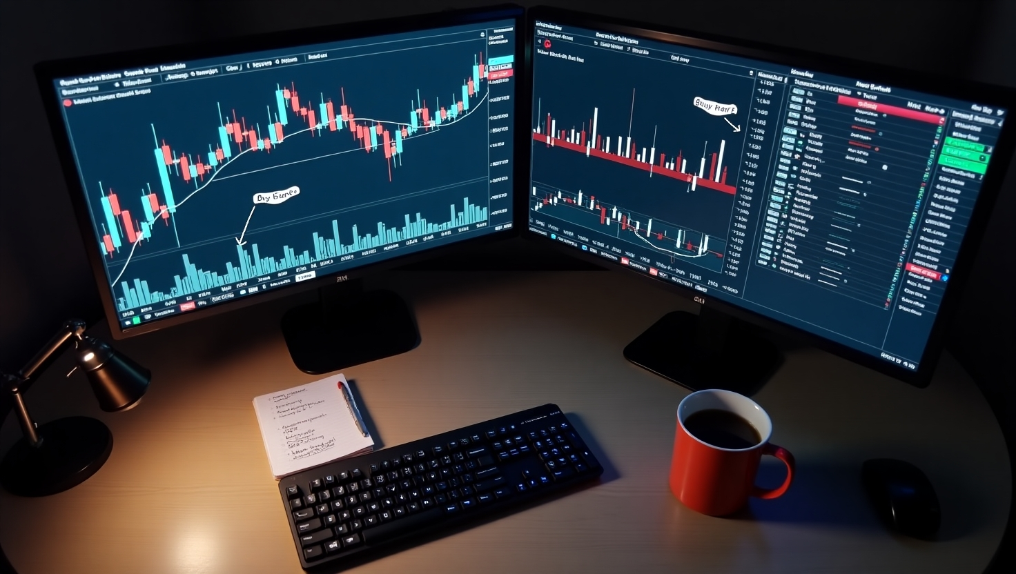 A_topdown_view_of_a_traders_desk_with_two_monitors_On_2
